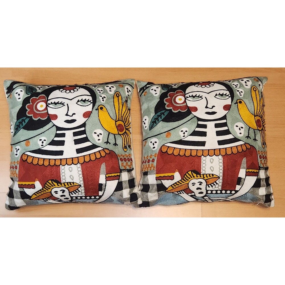 Pair Of Día de Muertos Embroidered Pillow Covers Frida Kahlo Pillows Set Of 2